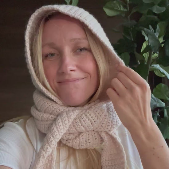 Crocheted Sophie Hood worn by a woman