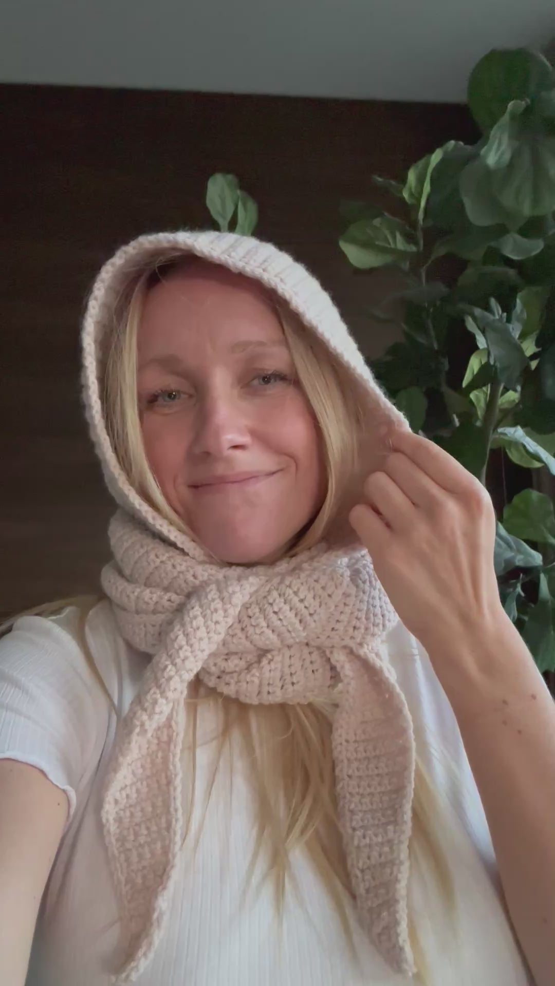 Crocheted Sophie Hood worn by a woman