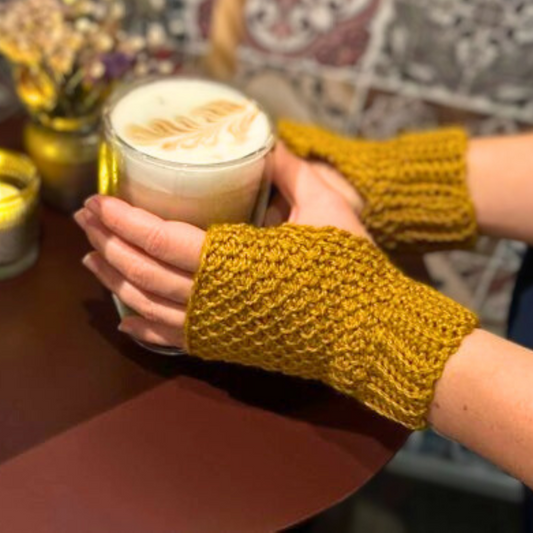 Fingerless Gloves crocheted in the Honeycomb stitch and made in Tunisian crochet - Mustard colored yarn - coffee shop